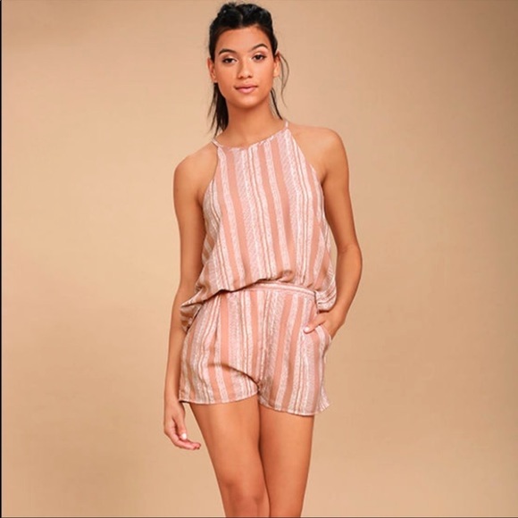 Lulu’s See You Smile Blush Pink Striped Romper Small Sleeveless Shorts - Picture 2 of 8